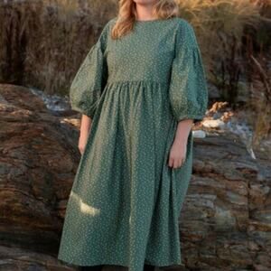 Tradlands Nico Sage Green Polka Dot Puff Sleeve Midi Dress Boho Slow Fashion